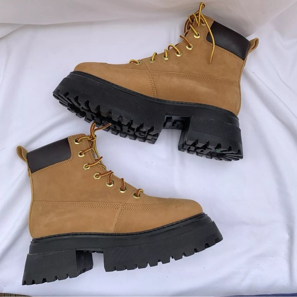 Timberland Women’s Sky 6-Inch 7.5 Lace Up Wheat Nubuck Leather Platform Boots - Picture 6 of 10